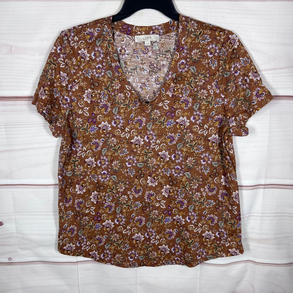 LOFT T-Shirt Womens XL Brown Floral V-Neck Short Sleeve Cotton Slub Knit Basic